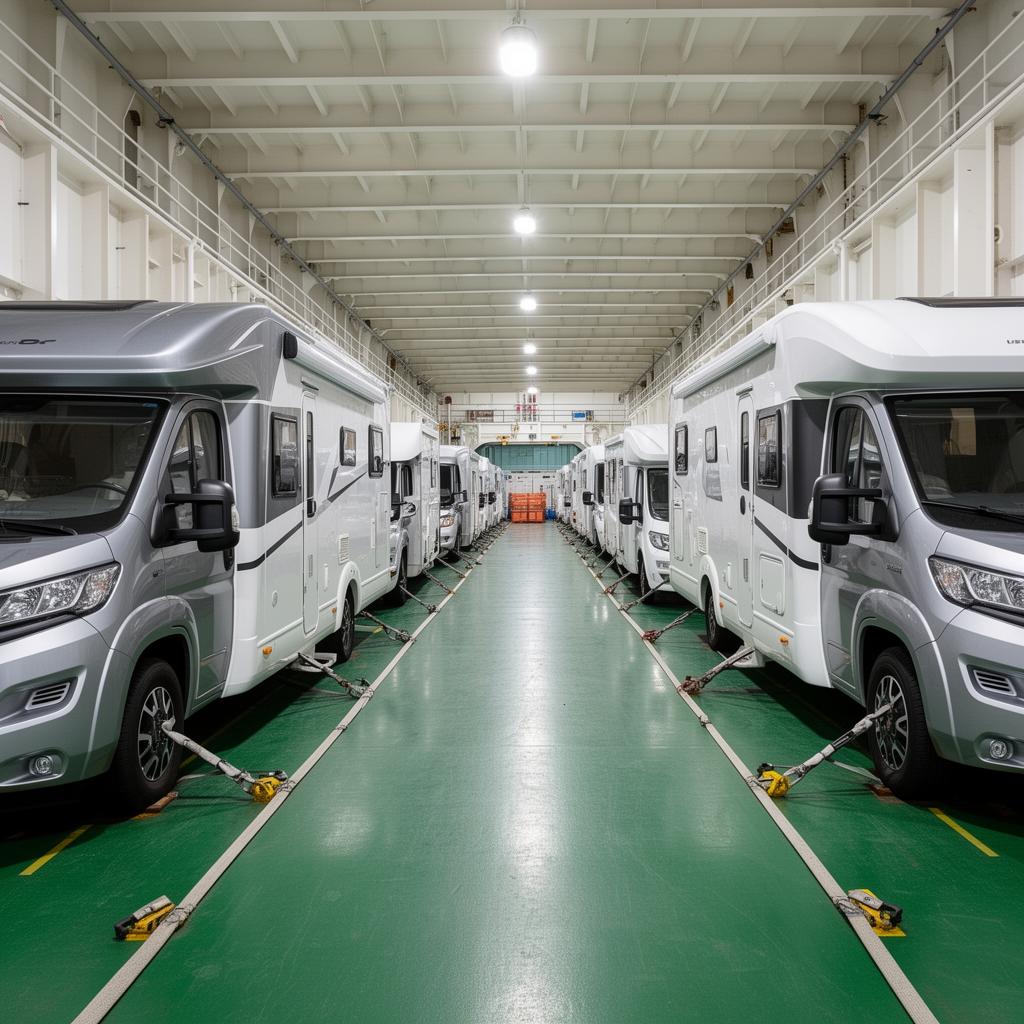 Motorhomes and caravans loaded inside a roll-on roll-off vessel